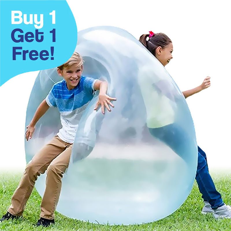 Two children playing with a large transparent Giant Jelly Balloon Ball outdoors, promotional text 