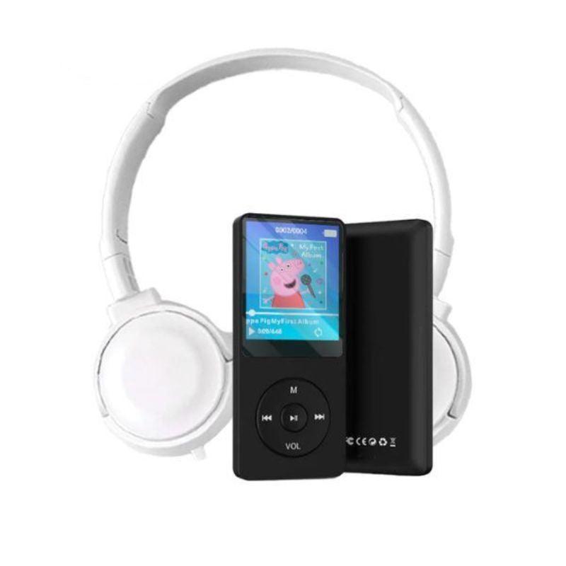 Black MP3 player with color screen and white wired headset for kids entertainment