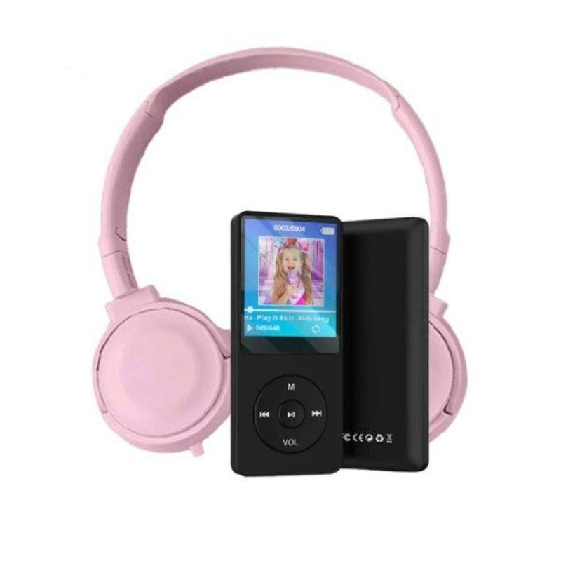 Black MP3 player with color screen paired with pink over-ear headset for kids, Halloween collection.
