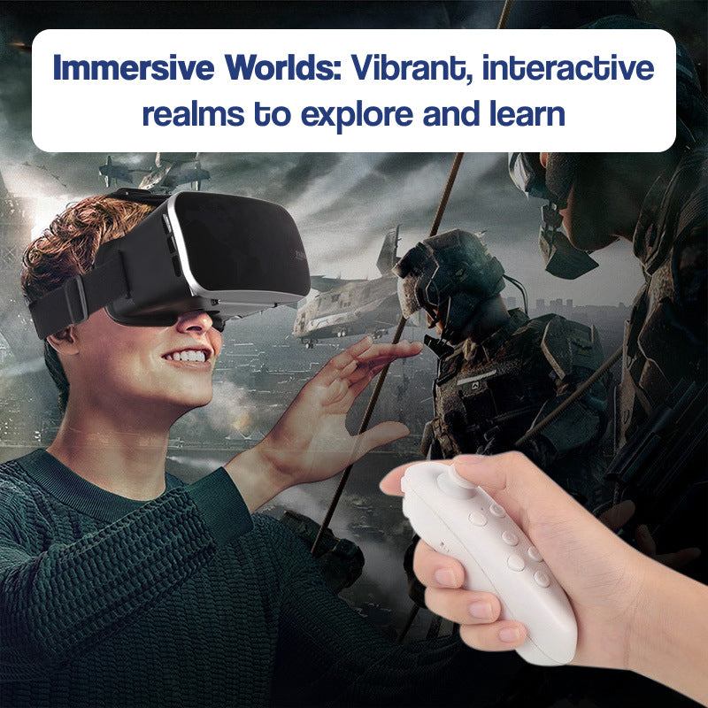 Child wearing interactive VR headset holding remote control exploring immersive virtual worlds and learning.