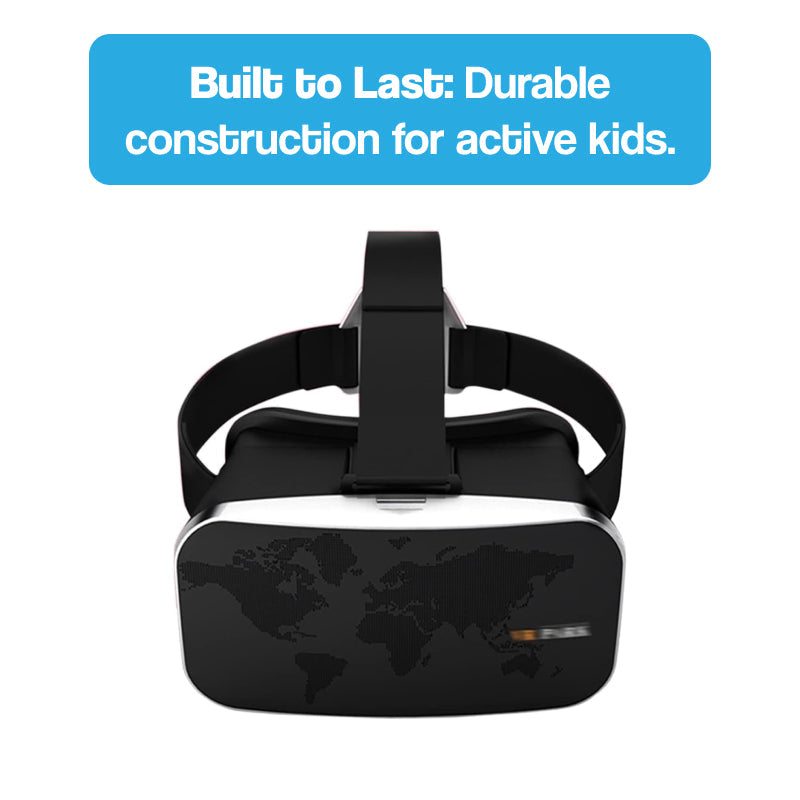 Durable interactive VR headset for kids with adjustable straps and world map design