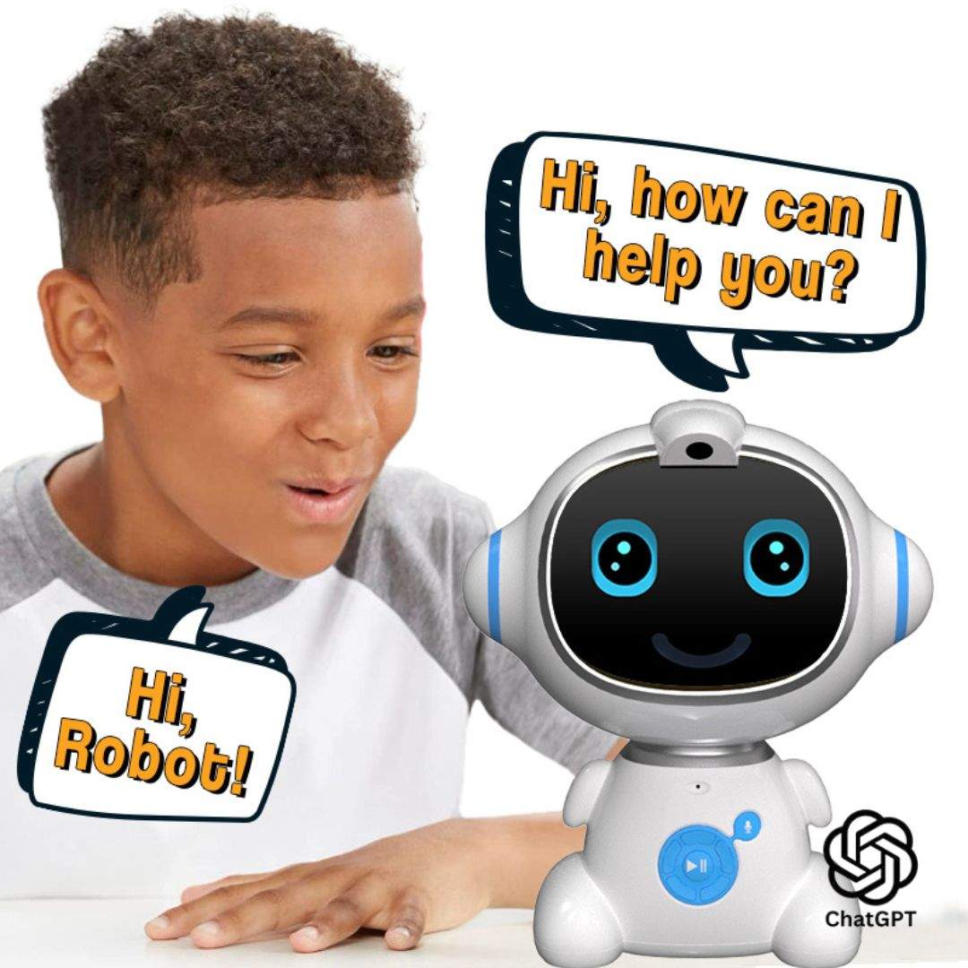 Child interacting with AI-powered STEM interactive SmartyBot educational robot toy