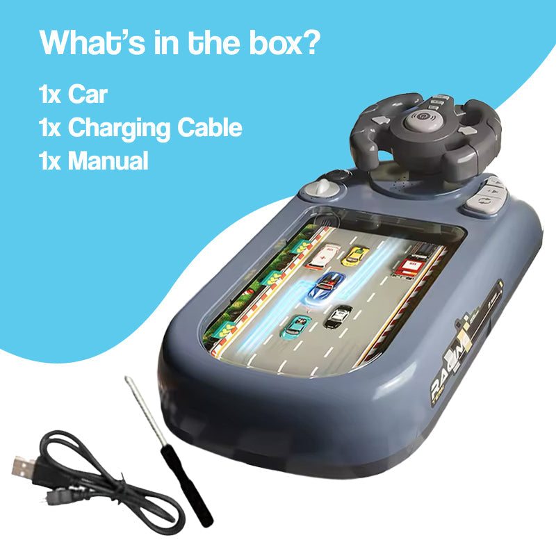 TurboRace Interactive Game Set showing racing console, steering wheel, USB charging cable, and screwdriver on blue background with box contents text.
