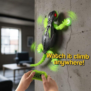 RC Robo-Lizard climbing on a wall with remote control in action
