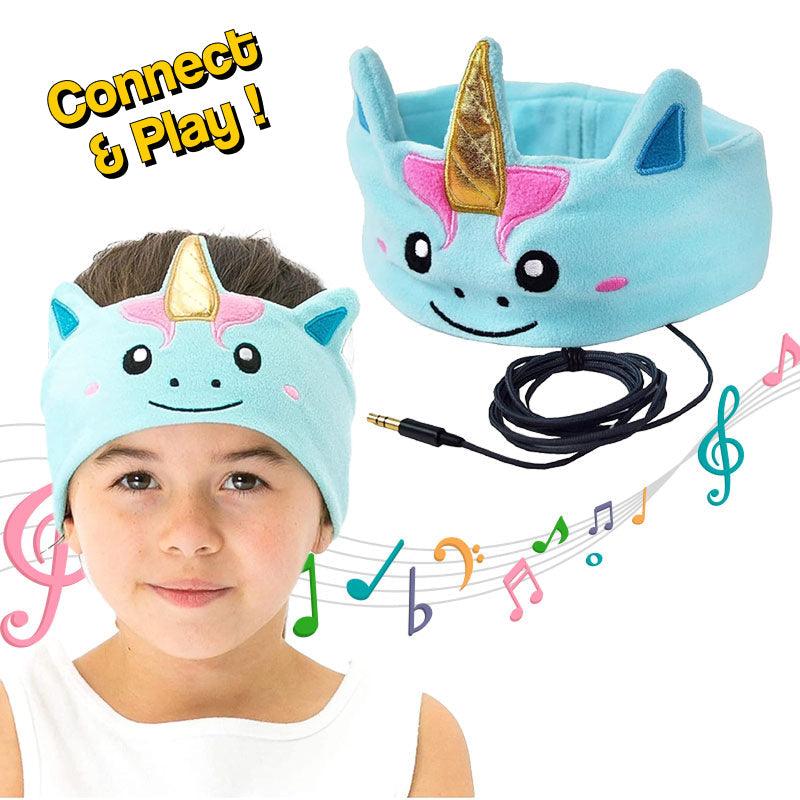 Blue unicorn animal audio learning headband with wired connection worn by child and shown separately