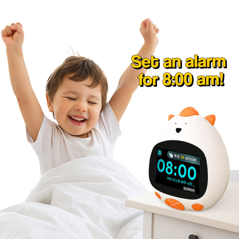 Child happily waking up next to AI Powered RiseBuddy smart learning alarm clock displaying 8:00 am alarm time
