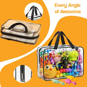 Clear reusable screen-free busy bag with 9 colorful toys for sensory and STEM play for ages 3-8