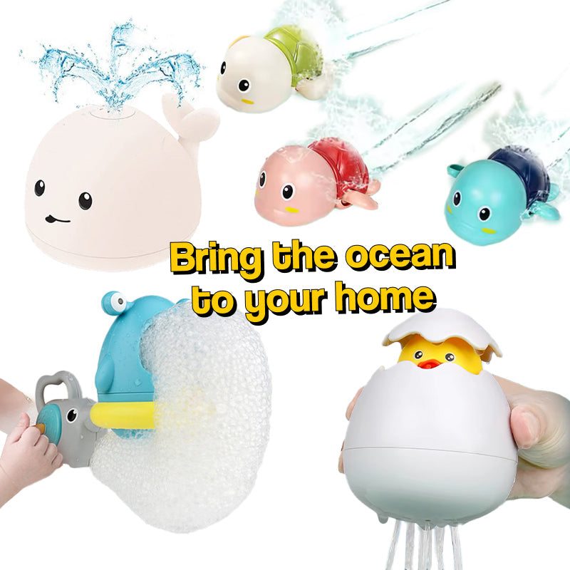 Ocean Adventure 4-in-1 Bath Play Bundle with light-up whale, foaming shark, surprise egg with duck, and wind-up swimming turtles bath toys for kids ages 3+