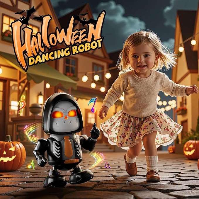 Dancing Skeleton Robot toy with music and lights next to a smiling child in Halloween setting