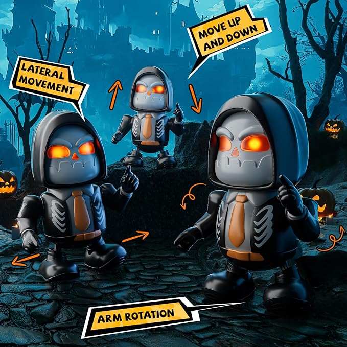 Dancing Skeleton Robot toy with glowing eyes, music, lights, and interactive movement for Halloween and Christmas festivities.