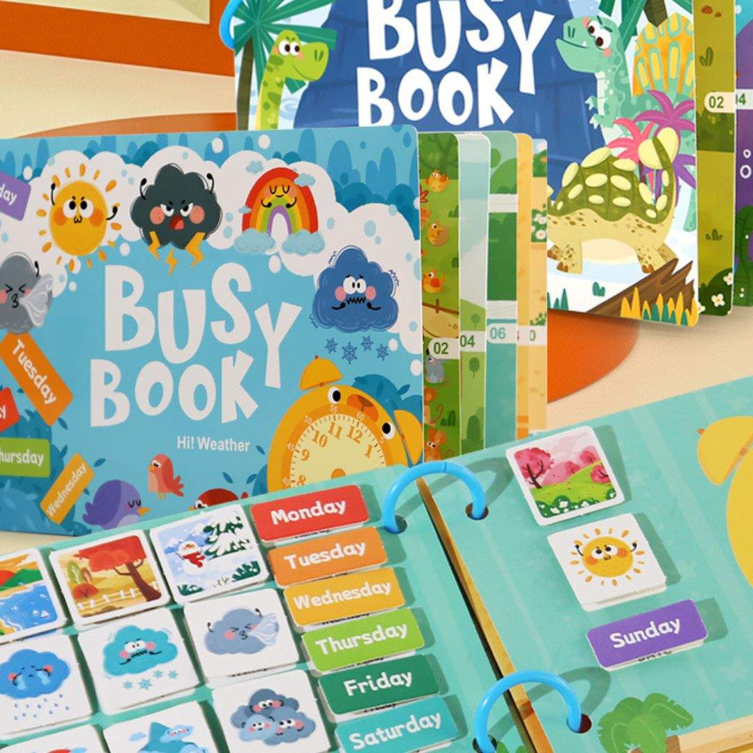 Early Education Busy Book with weather-themed reusable stickers and interactive learning pages for children aged 4-6 years.
