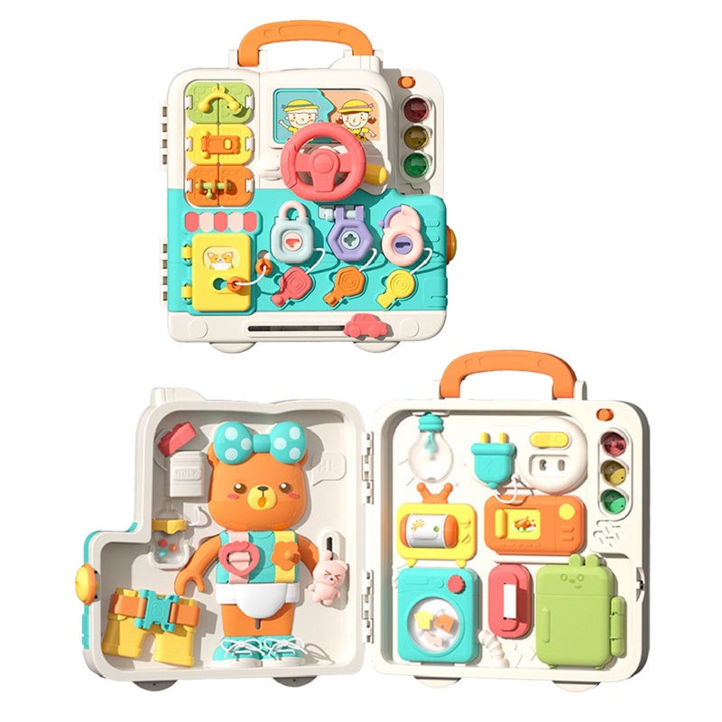 Colorful Busy Board Montessori educational toy for infants with lights, sounds, locks, and interactive elements