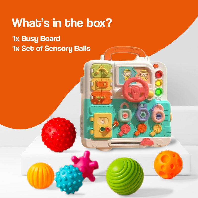 Busy Board Montessori educational toy for infants with sensory balls and interactive features for skill development