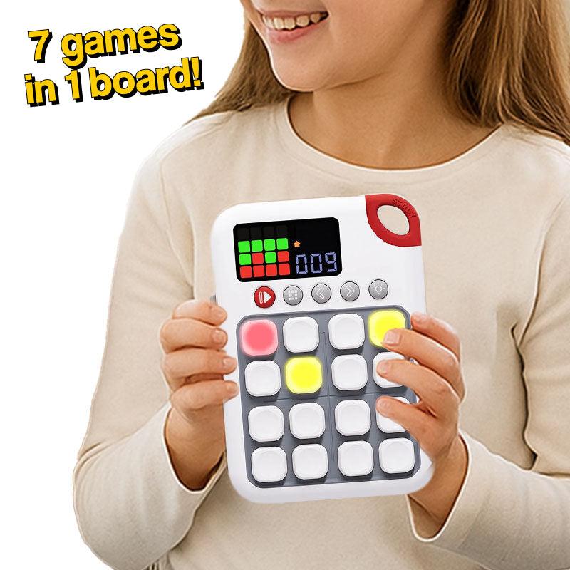 child holding smart 7-in-1 sudoku board with LED display and colorful buttons for logic and memory games