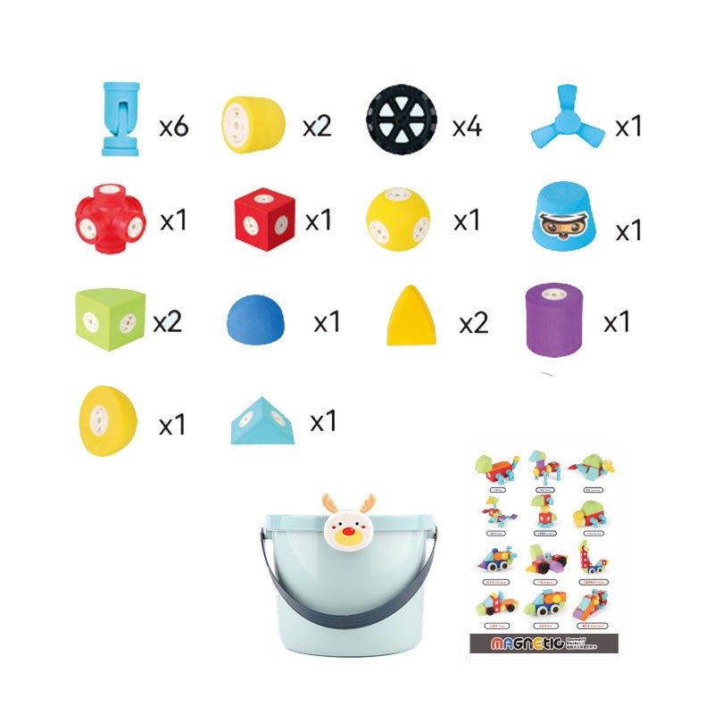 Soft magnetic STEM building blocks set with colorful EVA foam pieces and storage bucket for kids ages 3+