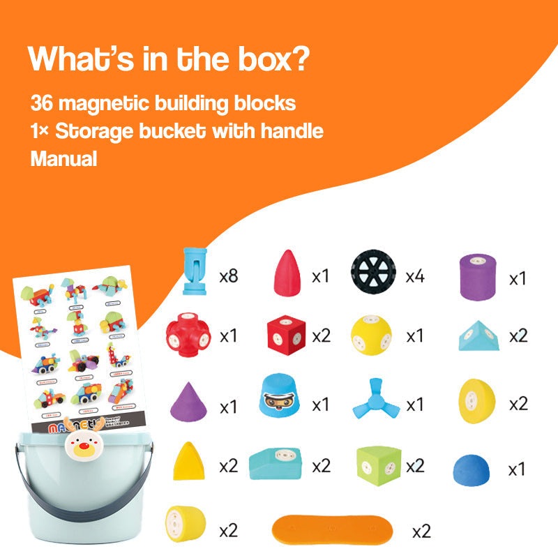 Soft magnetic STEM building blocks set with 36 colorful magnetic pieces and storage bucket for kids age 3+