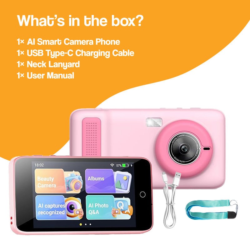 ChatGPT powered smartphone for kids with AI smart camera, interactive learning, USB charging cable, neck lanyard, and user manual.