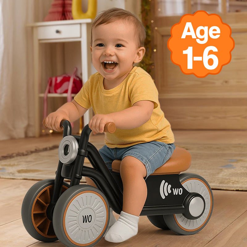 Toddler riding Tiny Biker Anti-Tip Light & Sound Motorcycle indoor age 1-6 years safe anti-tip design with EVA wheels