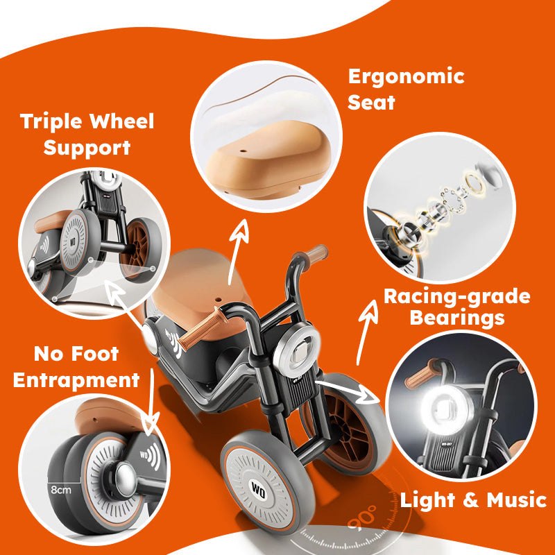 Tiny Biker Anti-Tip Light and Sound Motorcycle for toddlers with ergonomic seat and triple wheel support