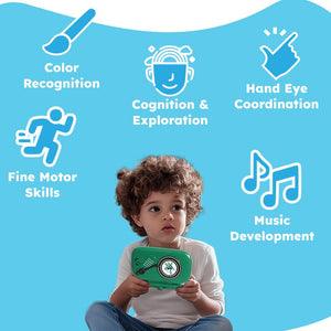 Child playing with MusiQ Rhythm Master 7-in-1 Piano Game enhancing color recognition, cognition, hand-eye coordination, fine motor skills, and music development