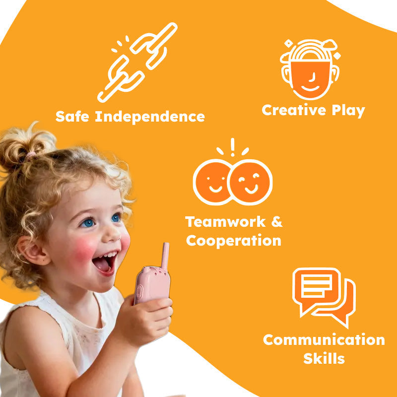 Child using pink Face-to-Face Video Walkie Talkie promoting safe independence, creative play, teamwork, and communication skills