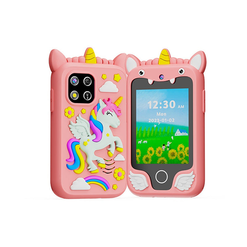 Pink kids mobile phone with unicorn design, touch screen, camera, and games