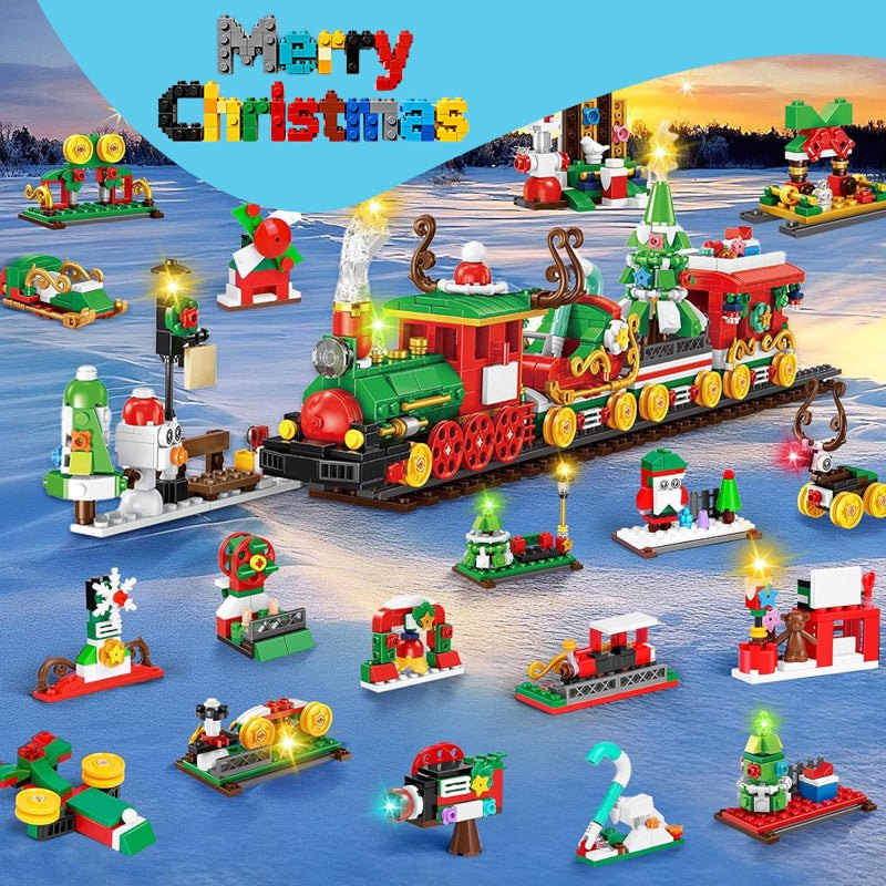 Holiday Express Train Advent Calendar with 24 festive mini builds forming a colorful Christmas train and holiday scenes