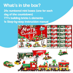 Holiday Express Train Advent Calendar with 24 buildable mini Christmas surprises and interlocking pieces forming a festive train display