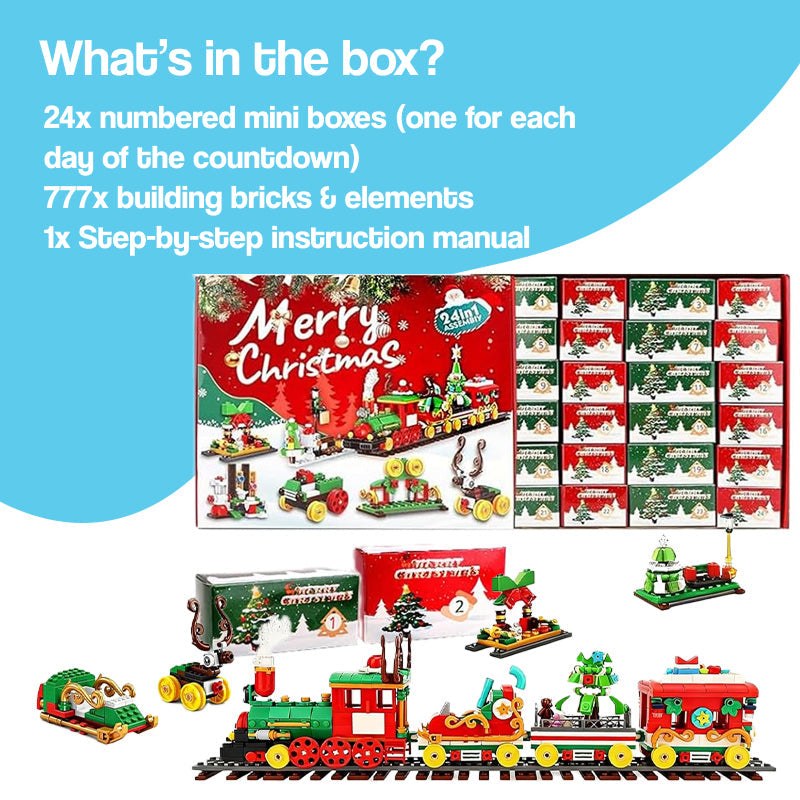 Holiday Express Train Advent Calendar with 24 buildable mini Christmas surprises and interlocking pieces forming a festive train display
