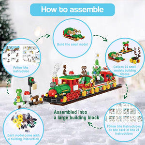 Holiday Express Train Advent Calendar building blocks set assembled into festive holiday train with step-by-step instructions and 24 mini models
