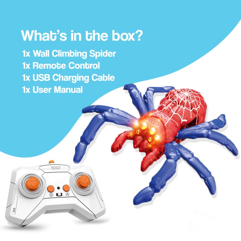 2-in-1 climbing and crawling RC spider toy with remote control and light-up eyes on a white background