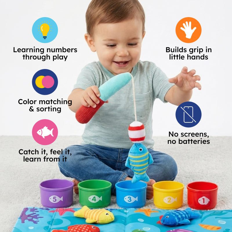 Little Fisherman Fishing Set with velcro fish, stacking cups, and foldable ocean play mat for toddlers ages 6 months to 2 years