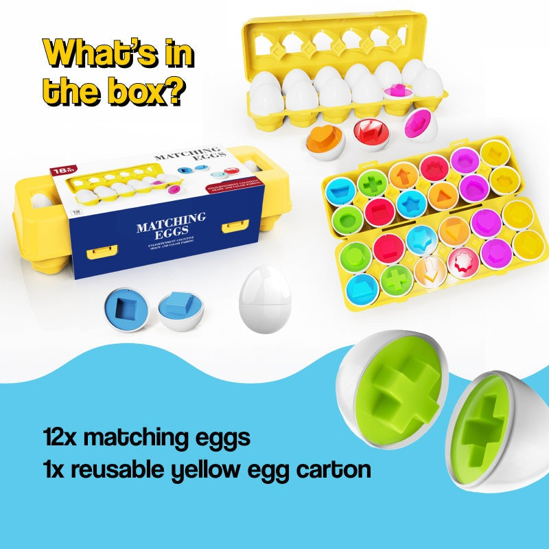 Montessori Shape and Color Matching Eggs educational toddler toy with 12 colorful matching egg halves in reusable carton