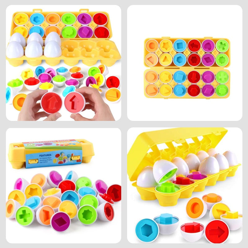 Montessori shape and color matching eggs toy with 12 colorful pairs and reusable carton for toddlers aged 18 months plus
