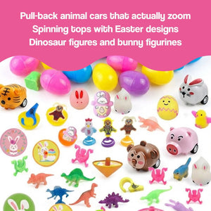 Colorful pre-filled Easter eggs with toys ready for Easter egg hunts