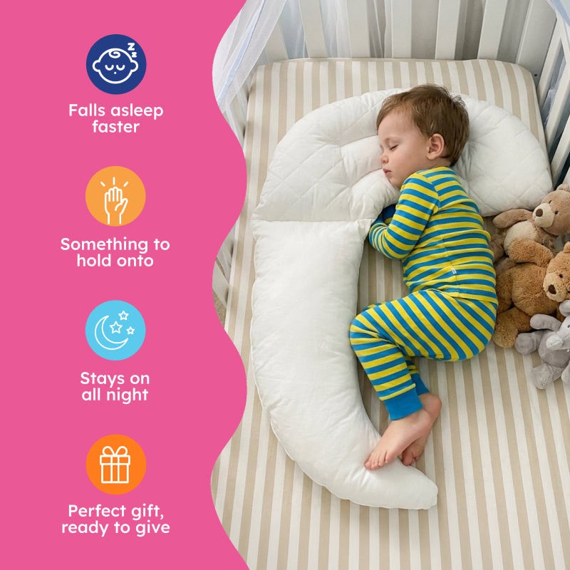 Little Moon Baby Pillow with crescent tail for toddlers and infants, soft cotton, 27-inch wide, perfect sleep aid for ages 0-5