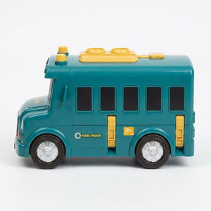 2-in-1 Driver & Builder Workshop Bus toy with fold-out mechanic stations and interactive tools for kids ages 3+