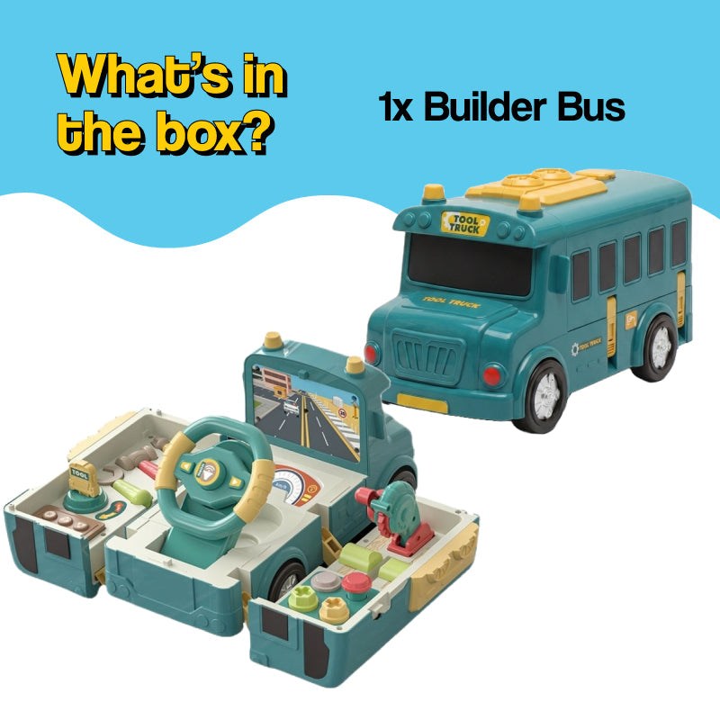 2-in-1 Driver & Builder Workshop Bus toy with fold-out mechanic's workbench and interactive tools for kids ages 3+