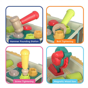 2-in-1 Driver & Builder Workshop Bus toy with fold-out mechanic's play station and working tool features