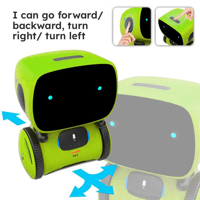 Robby the Robot interactive toy for kids with voice control and movement functions in bright green design