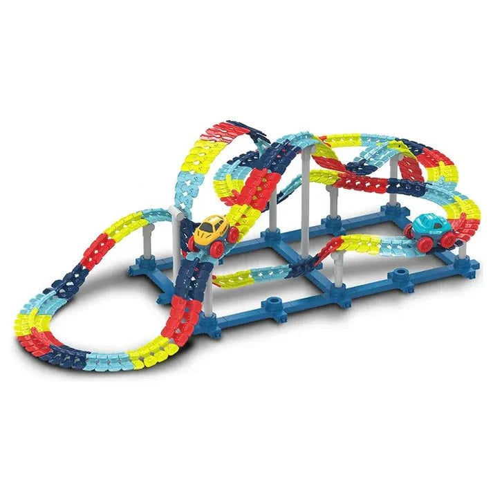 Colorful anti-gravity race track with LED cars on looping and twisting flexible pieces
