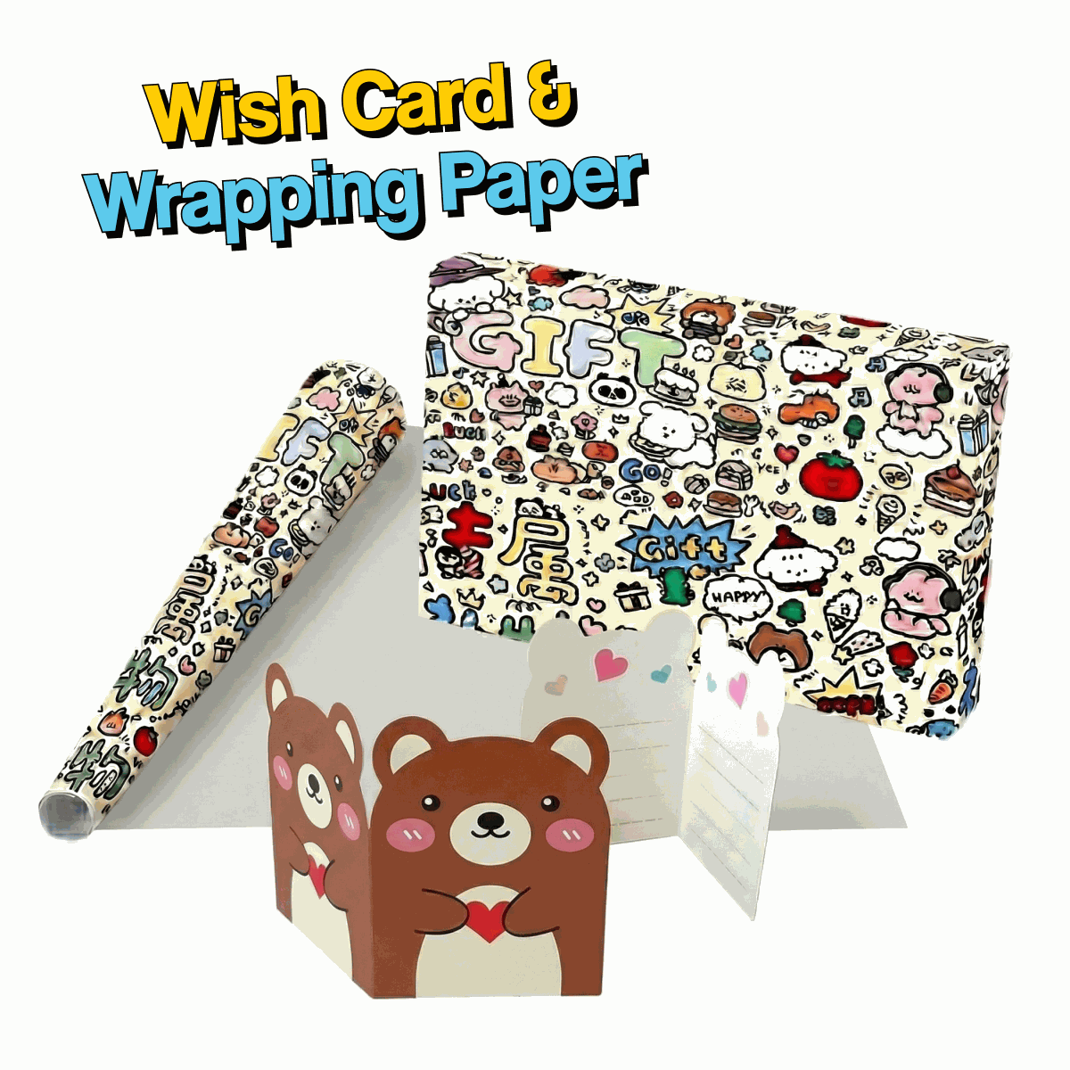 Colorful wrapping paper and matching wishcard set displayed on table