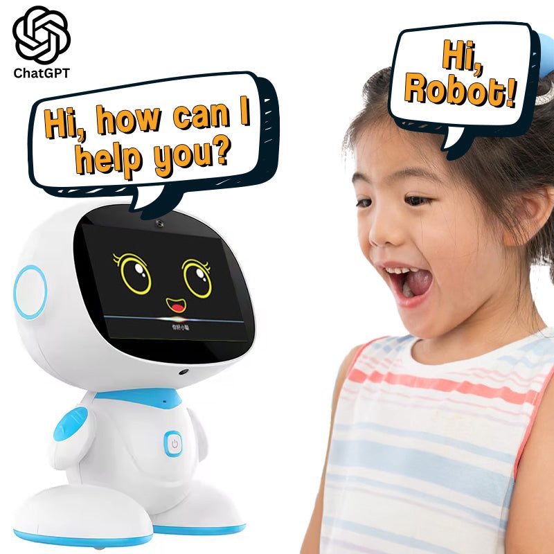 AI-powered STEM learning robot with interactive screen talking to excited child, educational technology toy for kids ages 6+