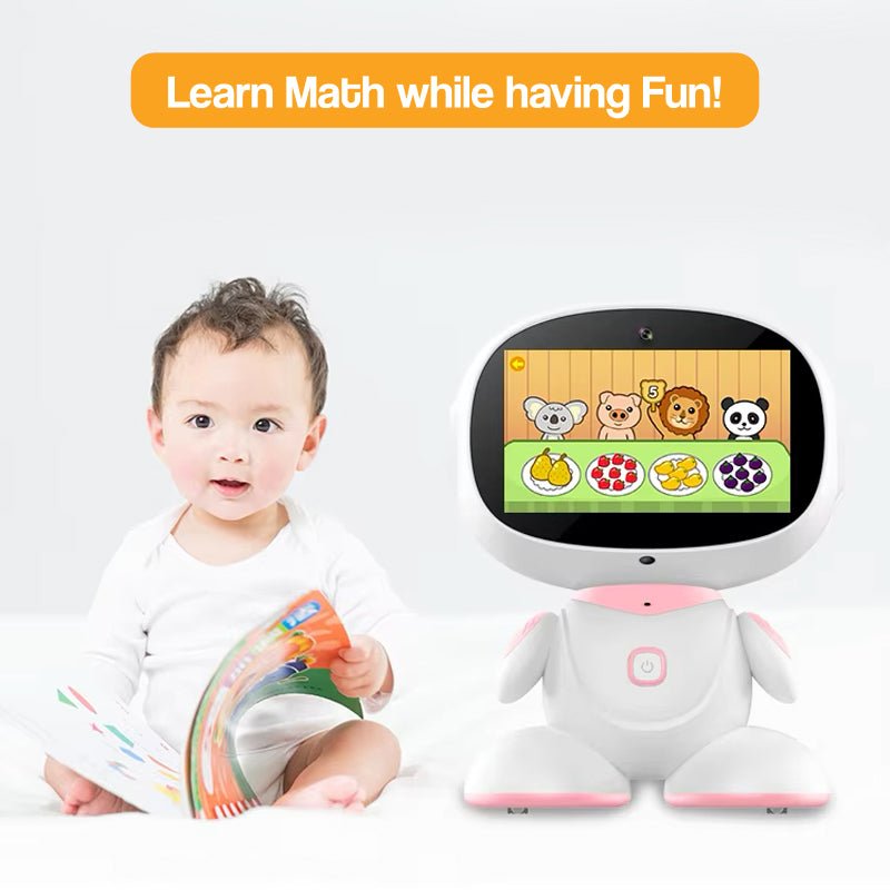 AI-powered STEM learning robot teaching math to toddler with interactive screen and playful design