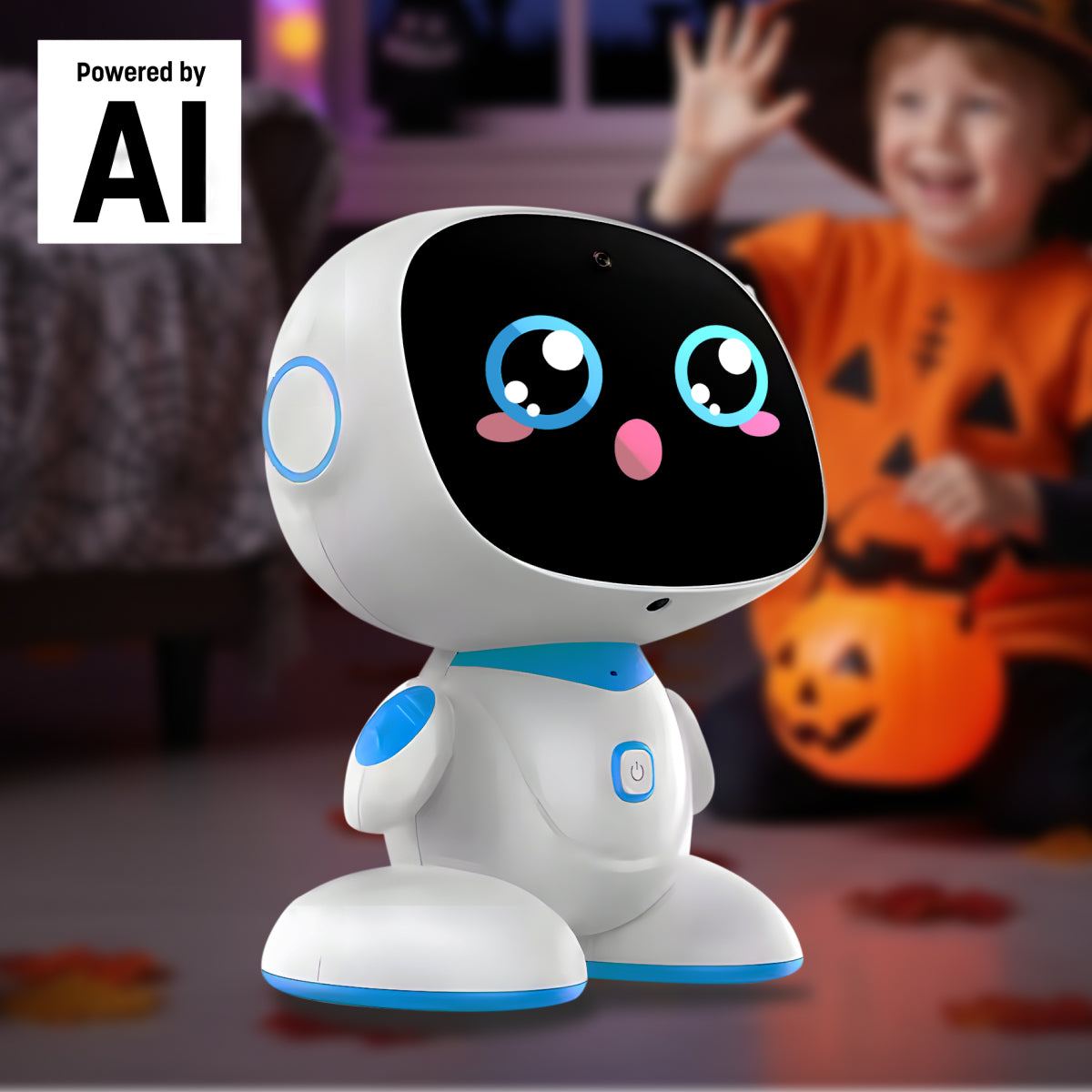 AI-powered STEM learning robot toy with interactive face and kids Halloween background