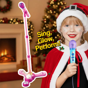 Child holding blue microphone from complete karaoke mic set with LED stand in festive room