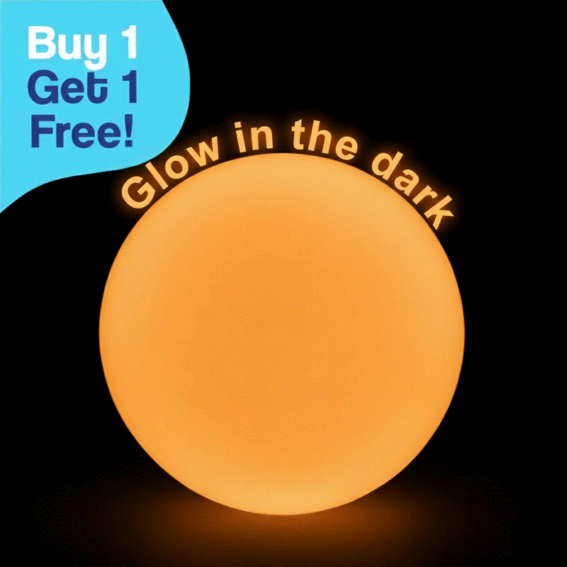 Giant Jelly Balloon Ball glowing orange in the dark with buy 1 get 1 free offer banner
