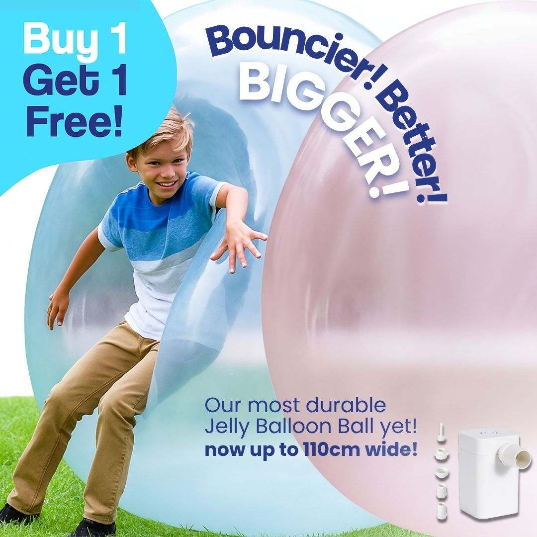 Boy playing with giant jelly balloon ball outdoors inflatable up to 110cm buy 1 get 1 free promotion