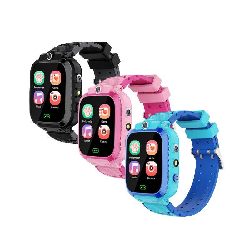 Kids Multi-purpose Smartwatch in black, pink, and blue with colorful touch screen icons for games, music, pedometer, and camera.