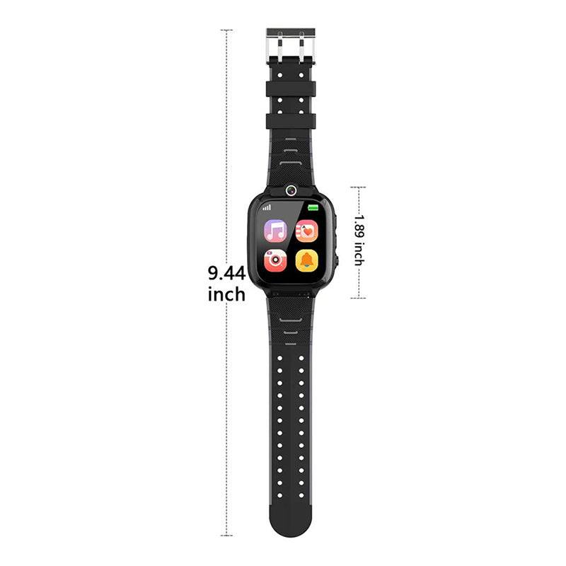 Kids Multi-purpose Smartwatch with black strap and colorful app icons on screen, measuring 9.44 by 1.89 inches.